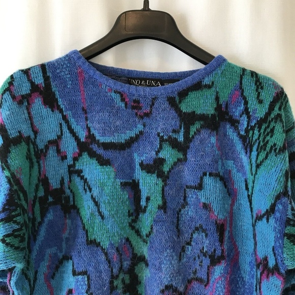 Uno&una Vintage Knit Floaral Sweater Blue Size Large Geometric - Picture 3 of 13